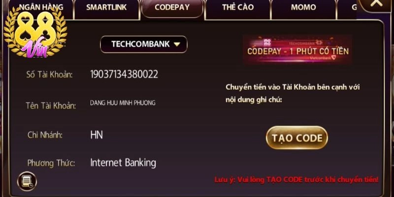 Người chơi có thể kích hoạt Codepay để nạp tiền